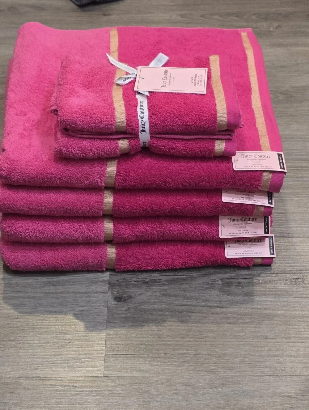 Juicy Couture Home Gold Embroidered Double Stripe Plush Bath & Hand Towel Set
